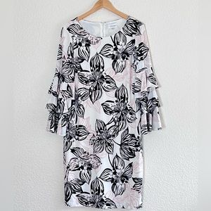 Calvin Klein | Like new 3/4 ruffle sleeves crew neck stretch dress size 14